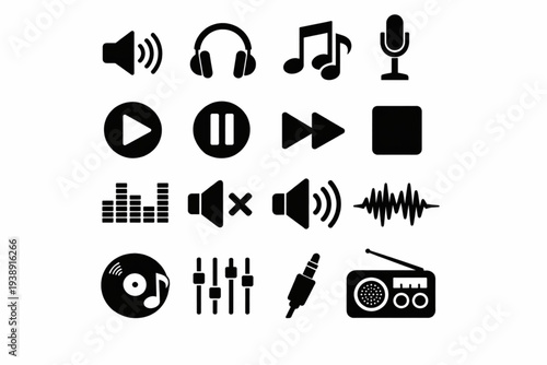 Speaker icon set sound volume symbol audio button mute sign line style collection vector illustration