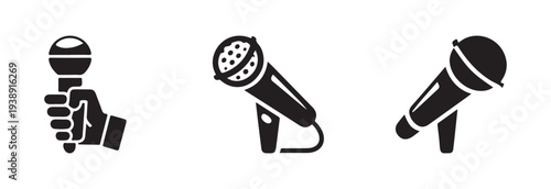 Group of three microphone symbols showing handheld vocal recording devices in various tilted and dynamic artistic positions