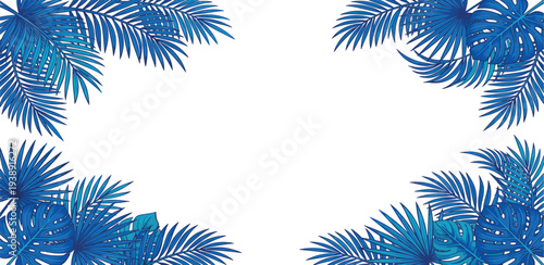 A serene blue tropical frame surrounding a white empty space viewed from a straight-on perspective.