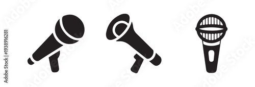 Five black vector icons featuring different types of microphones including classic dynamic models and angled broadcast reportage instruments