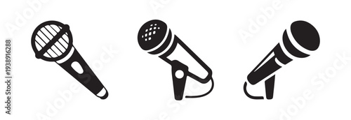 Group of different microphone styles including stand mounted and handheld types representing sound recording concepts