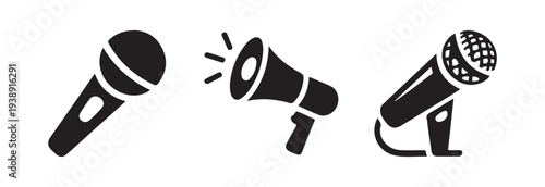 Set of audio recording and announcement equipment icons featuring microphones and megaphone on white background