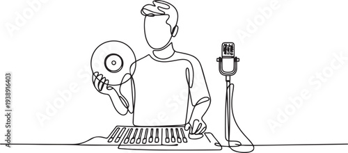 A music producer is responsible for creating, organizing, and coordinating all aspects of a musical production. A man holding a record. Next to him is a microphone for recording and a mixing console.