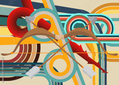 Retro 70s Background with Ancient arrow. Groovy Weapon 1970s art template. Minimalistic Vintage design poster. Old-fashioned color artwork.