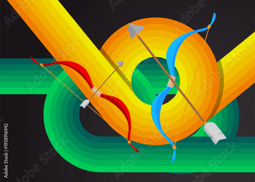 Retro 70s Background with Ancient arrow. Groovy Weapon 1970s art template. Minimalistic Vintage design poster. Old-fashioned color artwork.