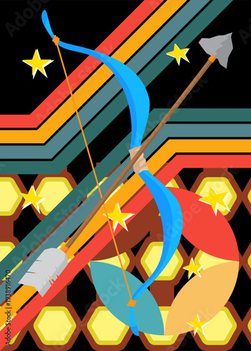 Retro 70s Background with Ancient arrow. Groovy Weapon 1970s art template. Minimalistic Vintage design poster. Old-fashioned color artwork.