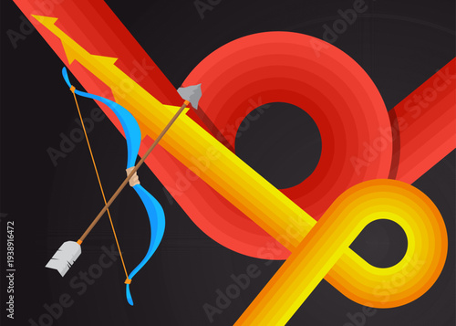 Retro 70s Background with Ancient arrow. Groovy Weapon 1970s art template. Minimalistic Vintage design poster. Old-fashioned color artwork.