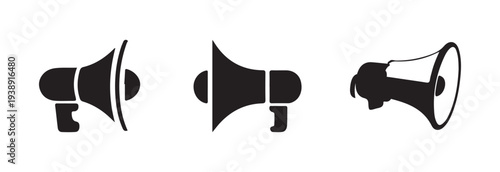 Collection of three different angled black solid megaphone bullhorn icons for sound announcement and communication