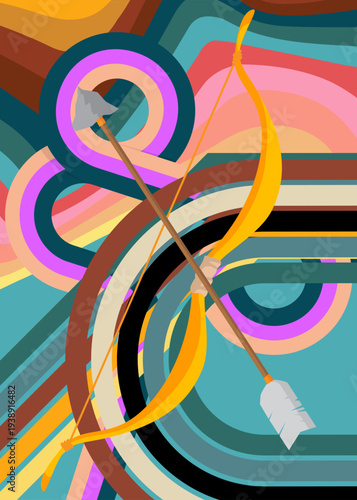 Retro 70s Background with Ancient arrow. Groovy Weapon 1970s art template. Minimalistic Vintage design poster. Old-fashioned color artwork.