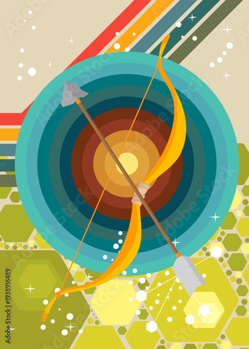 Retro 70s Background with Ancient arrow. Groovy Weapon 1970s art template. Minimalistic Vintage design poster. Old-fashioned color artwork.