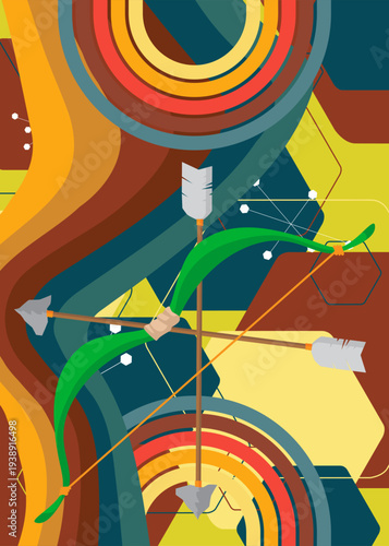 Retro 70s Background with Ancient arrow. Groovy Weapon 1970s art template. Minimalistic Vintage design poster. Old-fashioned color artwork.