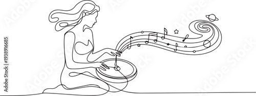 A woman plays space music on a glucophone. International Strange Music Day.one line vector illustration with out background