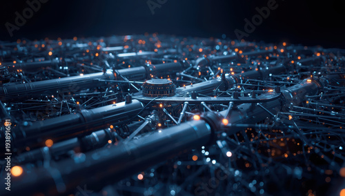 Wallpaper Mural Futuristic network of metallic nodes and glowing connectors cool blue lighting, ambient orange Torontodigital.ca