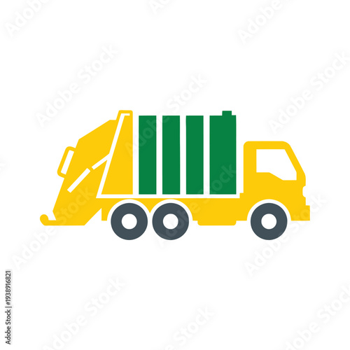 Yellow Garbage Truck with Green Containers.