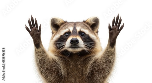 Raccoon with paws raised in a defensive or curious posture on white background