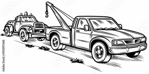 Wrecker Tow Truck Hauling Broken Down Vehicle Line Art