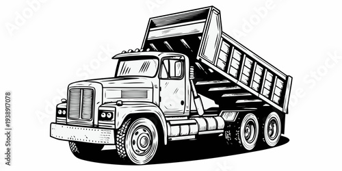 Industrial Tipper Dump Truck Vector Line Art Illustration