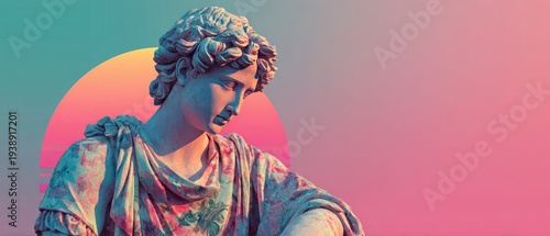 Classical Statue with Modern Retro Aesthetic Against Vibrant Sunset Gradient
