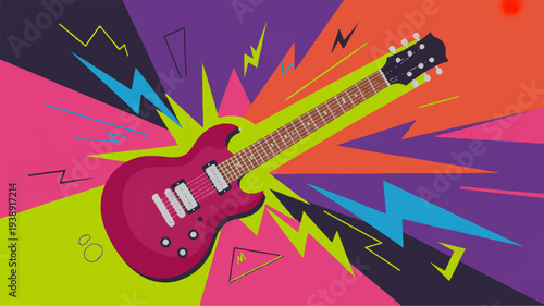 Electric guitar explodes in vibrant colors and lightning bolts on psychedelic background