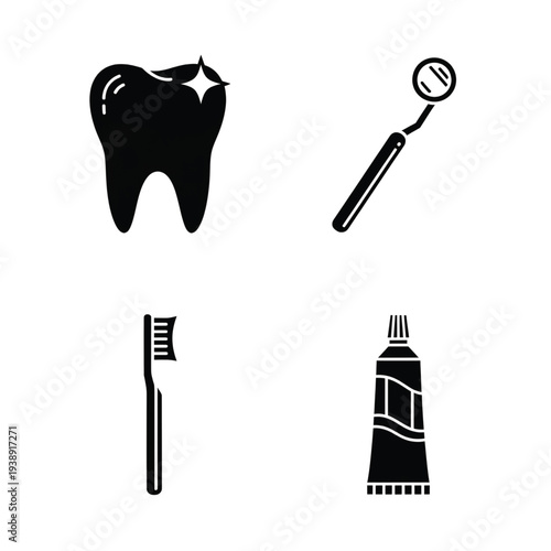 A collection of four black glyph icons represents dental care items: a sparkling molar, a dental mirror, a toothbrush, and a tube of toothpaste.