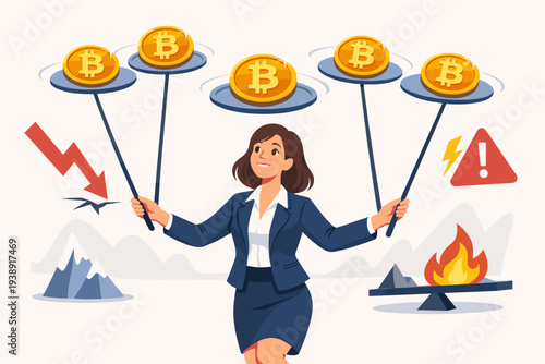 Professional Businesswoman Balancing Bitcoin Coins on Spinning Plates Amidst Market Volatility, Financial Risk, and Economic Challenges, Concept of Cryptocurrency Investment and Risk Management.