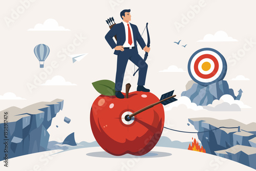 Businessman Standing on Giant Red Apple with Arrow in Bullseye Holding Bow and Quiver, Concept of Business Goal Achievement, Risk Management, Skill, Success, and Overcoming Risky Obstacles Vector