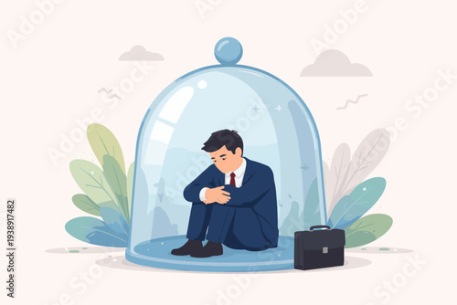 Sad businessman sitting inside a glass bell jar representing career stagnation, professional isolation, lack of growth, business limitations, burnout, mental health, and feeling trapped.