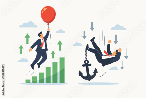 Business Success and Failure Concept with Businessman Rising with Red Balloon over Growth Chart and Another Falling with Heavy Anchor, Representing Profit Loss, Risk, and Economic Performance