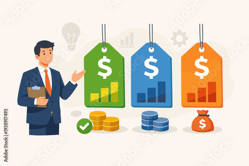 Businessman presenting different pricing models and cost structures with price tags, dollar signs, and money bags. Concept of calculating price for work, subscription tiers, and financial planning.