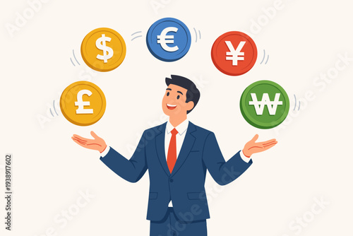 Professional businessman juggling global currency coins including dollar, euro, pound, yen, and won. Concept of forex trading, foreign exchange market, investment, and economic speculation.