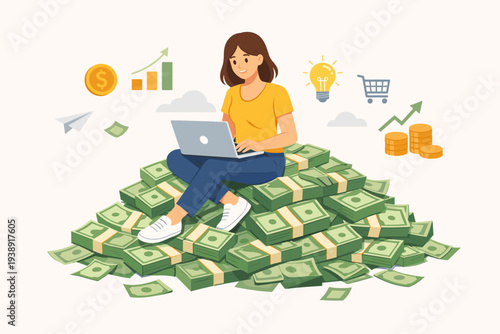 Young woman sitting on a huge pile of money using a laptop for online business, side hustle, and passive income. Concept of financial freedom, investment growth, e-commerce success, and wealth.