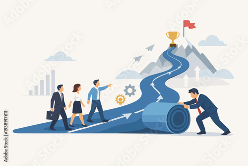 Business leadership and team development concept with a leader unrolling a path to success on a mountain peak with a trophy, representing career growth, strategy, ambition, and collective effort.