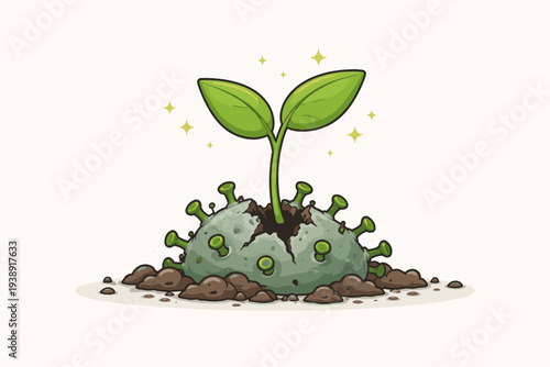 Post-COVID-19 pandemic economic recovery and positive business growth concept with a green sprout growing out of a cracked coronavirus cell, symbolizing hope and new beginnings after crisis.