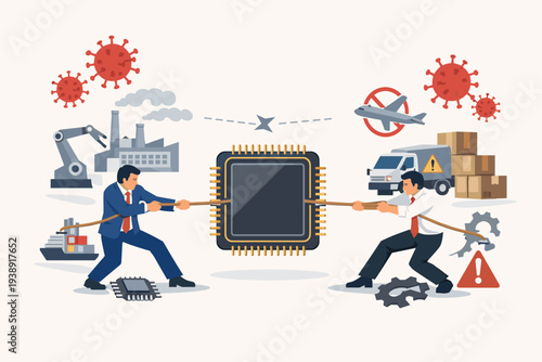 Global semiconductor and computer chip supply chain shortage illustration with businessmen in tug of war over microchip, logistics crisis, factory production issues, and COVID-19 pandemic impact.
