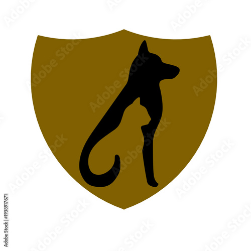 Minimal dog silhouette inside shield emblem representing pet protection, veterinary care, animal insurance, and pet safety concept