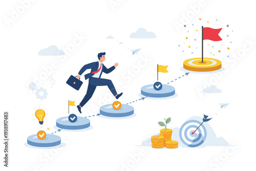 Businessman running up milestones towards a final goal. Achievement of business success journey, progress to reach target, motivation to accomplish career growth, strategy and financial profit.