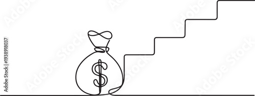 Continuous line drawing of money bag with stairs, business growth, object.one line vector illustration with out background