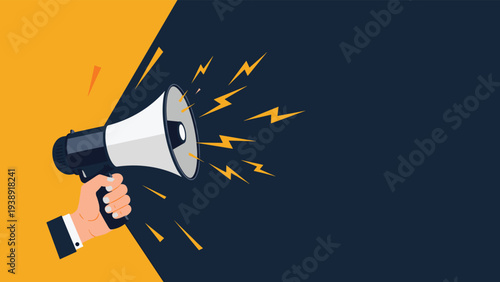 Hand holding a megaphone emitting sound waves on a split background for public announcements and marketing promotions.