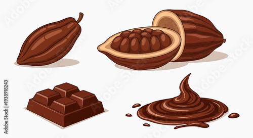 Chocolate products and cocoa beans on a table with chocolate bars and chocolate cream