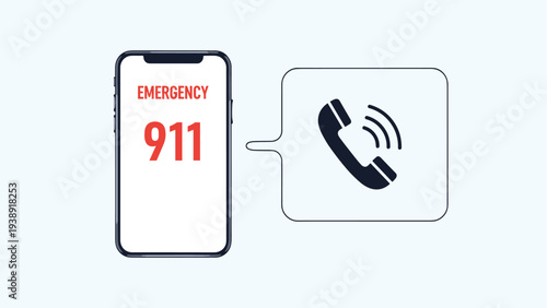Emergency nine-one-one call screen on a mobile phone with a speech bubble icon for urgent safety and medical assistance.