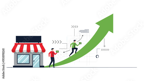 Retail business growth infographic with people climbing a green rising arrow next to a shop for commercial success.