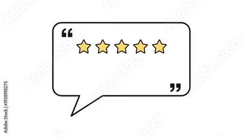 Five star rating speech bubble with quotation marks for excellent customer service reviews and business reputation management.