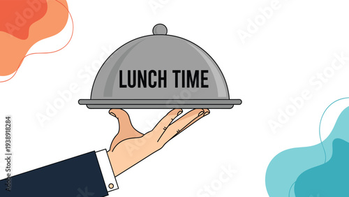 Server hand holding a silver cloche with lunch time text for catering services and restaurant food delivery notifications.