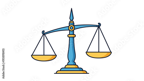 Symbolic scales of justice representation in gold and blue hues stand balanced against a minimalist white background.