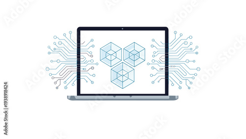 Blockchain technology visualization displays a laptop screen with interconnected cubes and intricate circuit board lines.