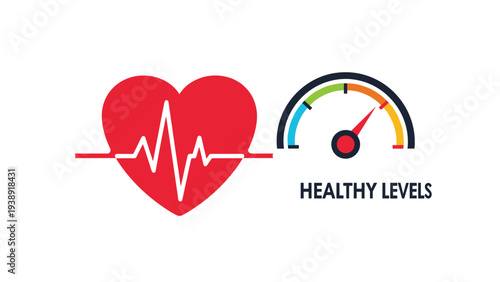 Health levels indicator graphic combines a red heart pulse line with a colorful gauge to visualize medical wellness.