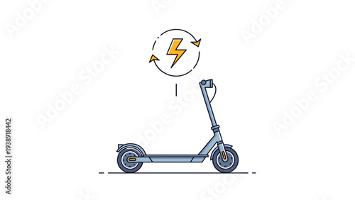 Electric kick scooter icon is paired with a circular energy symbol containing a yellow lightning bolt for eco travel.