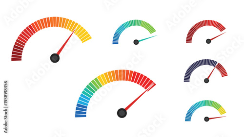 Collection of colorful speedometer gauges with needles at various positions serves as an infographic for performance.