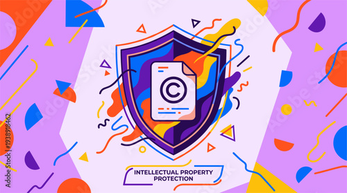 Intellectual Property Shield & Copyright Document Protected by Dynamic Abstract Elements for Legal Security, Data Protection & Digital Rights in a Flat Modern Vibrant Colorful Vector Illustration.