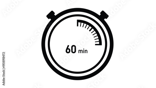 Stopwatch icon showing sixty minutes is rendered in a clean black line art style to represent time management or duration.